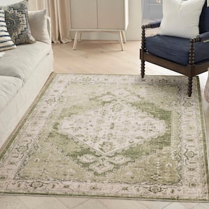 Astra Machine Washable Ivory Green 5 ft. x 7 ft. Center medallion Traditional Area Rug