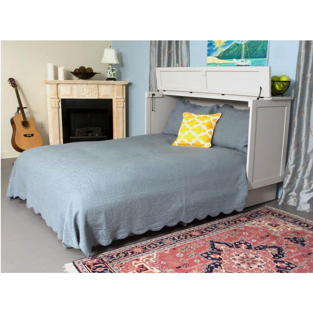 Essex White Queen Murphy Bed with Upholstered Wood Frame and Drawer