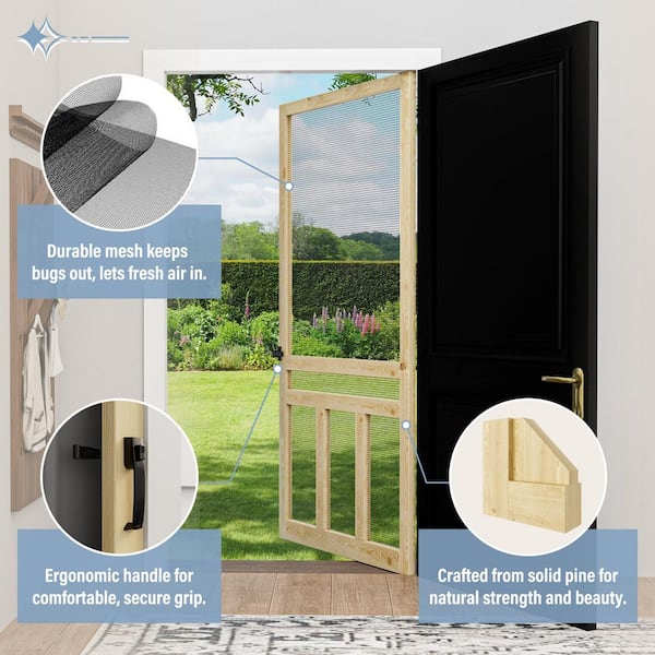 32 in. x 80 in. Universal Unfinished Pine Wood Vertical Slat Screen Door with Lock-Classic 3-Bar Style Gauze Mesh Hinged
