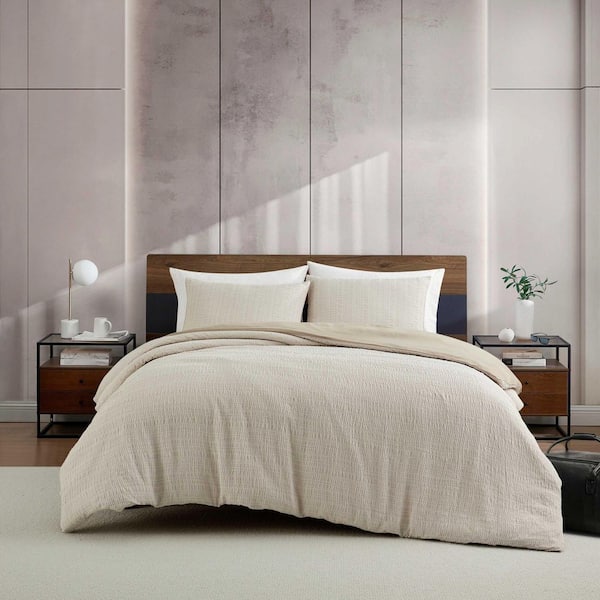 Stitched Gauze Linen Beige Yarn Dye Jacquard Polyester Full/Queen 3-Piece Duvet Cover Set