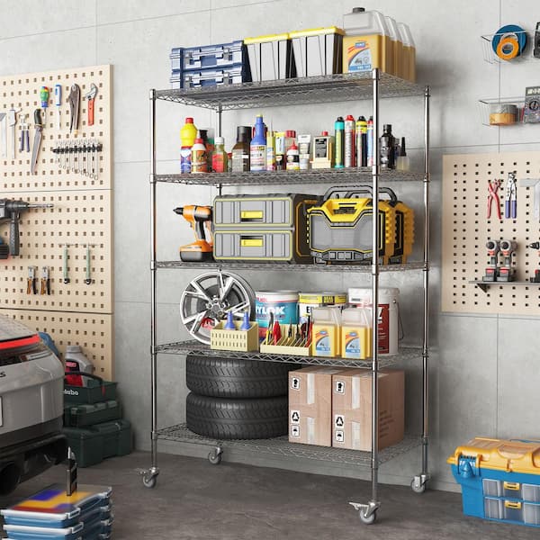 5 Tier Heavy Duty Adjustable Kitchen Shelving Unit, Wire Storage Shelves with Wheels for Garage Closet Laundry, Silver