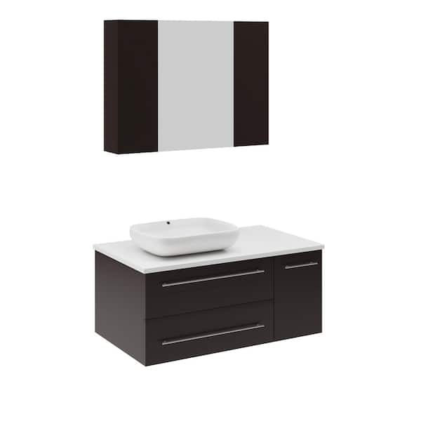 Fresca Lucera 36 in. Single Sink Wall Mount Espresso Bath Vanity with White Quartz Top, Vessel Left Sink and Medicine Cabinet