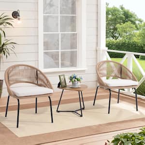 Beige 3-Piece Metal Hand-Woven Patio Conversation Set with White Cushions, Wood Top Table for Poorside Garden