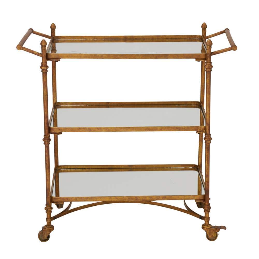 Elegant Brass 35" Rolling Bar Cart with 3 Mirrored Shelves and Handles