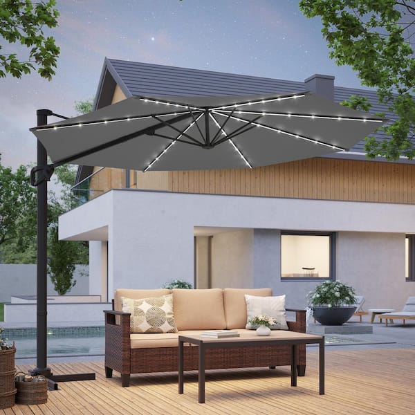 Sonkuki 10 ft. Solar-powered Cantilever Patio Umbrella with 360° Rotation and Canopy Angle Adjustment in Gray