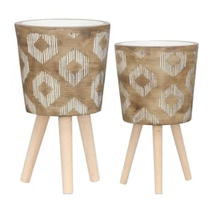 10 in. and 12 in. Brown Ceramic Brown and White Lined Diamond Printing Round Indoor/Outdoor Planter (Set of 2)