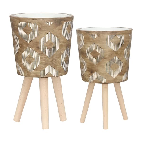 AULEDIO 10 in. and 12 in. Brown Ceramic Brown and White Lined Diamond Printing Round Indoor/Outdoor Planter (Set of 2)