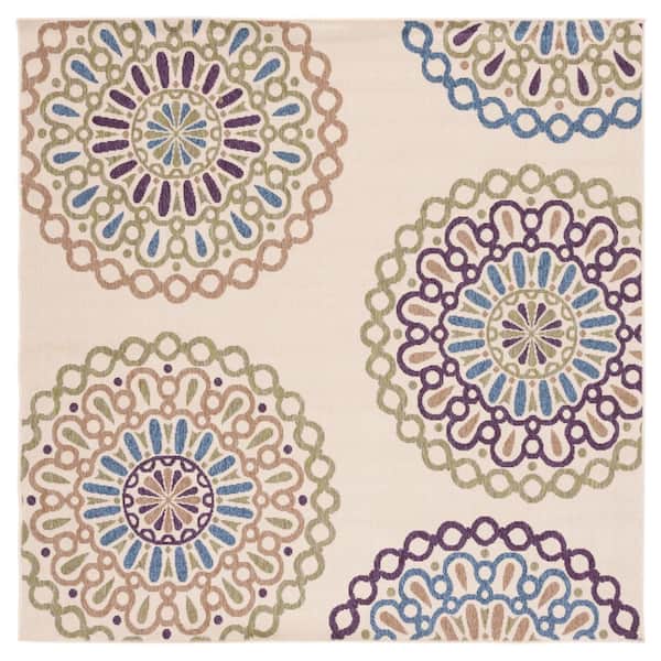 Veranda Cream/Green 7 ft. x 7 ft. Geometric Floral Indoor/Outdoor Square Area Rug