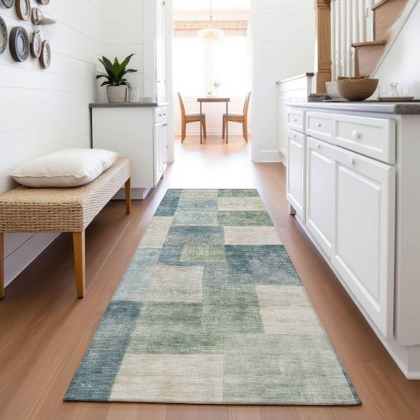 Mayfield Premium Machine Washable Abstract AMF1261 Seafoam 2 ft. 3 in. x 7 ft. 6 in. Runner Rug