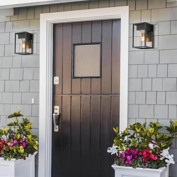 Modern Cage Wall Sconce Light 1-Light Matte Black Outdoor Wall Lantern Sconce with Seeded Glass Shade (2-Pack)