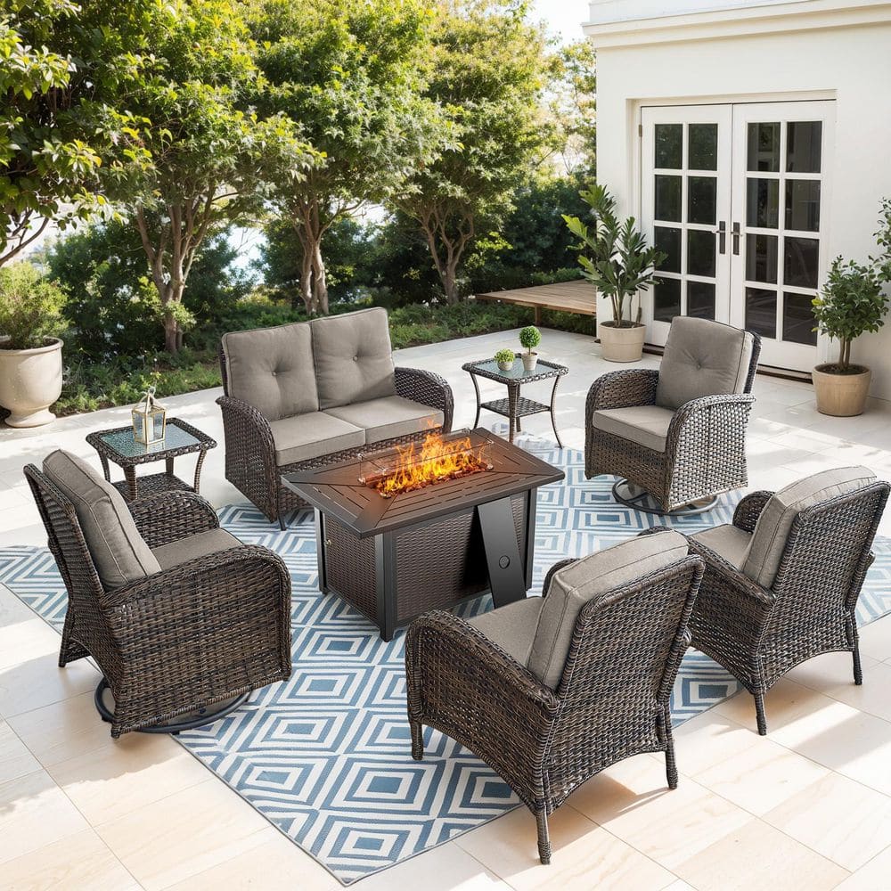 Omira Brown 7-Piece Wicker Outdoor Glider Chair Patio Deep Seating with Rectangular Fire Table and Gray Cushions price history on PriceWatchPro