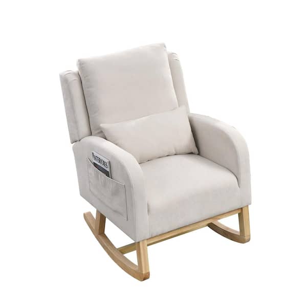Unbranded Teddy Beige Modern Accent High Back Wood Outdoor Rocking Chair with 1 Lumbar Pillow, 2 Side Pockets