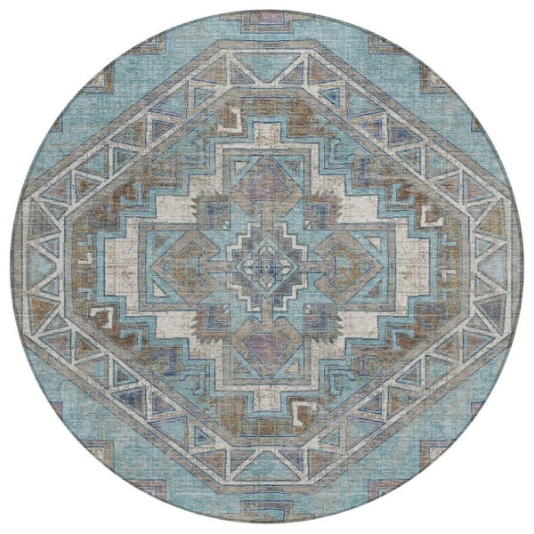 Chantille Machine Washable Indoor/Outdoor Abstract ACN2794 Teal 8 ft. x 8 ft. Round Rug