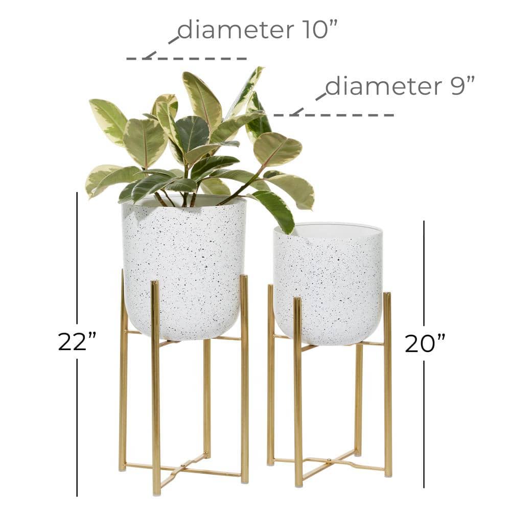 White Speckled Metal Planters with Gold Stands, Set of 2