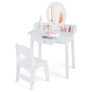 2-Piece Wood Top White Kids Vanity Set with Lighted Mirror Chair 2-Color LED Lighting for Girls Makeup