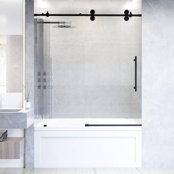 VIGO Elan 56 to 60 in. W x 66 in. H Sliding Frameless Tub Door in Matte Black with 3/8 in. (10mm) Fluted Glass