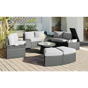 10-Piece PE Wicker Outdoor Half Round Rattan Sofa Set, Patio Conversation Set for Free Combination, Light Gray