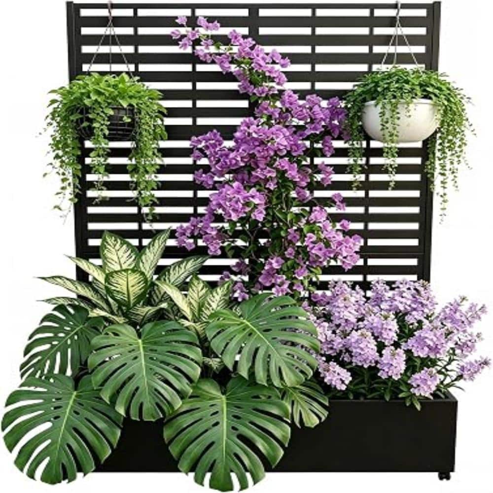 Galvanized Raised Garden Bed on Wheels with Louvered Trellis, Metal Planter Box with Drainage for Climbing Plants