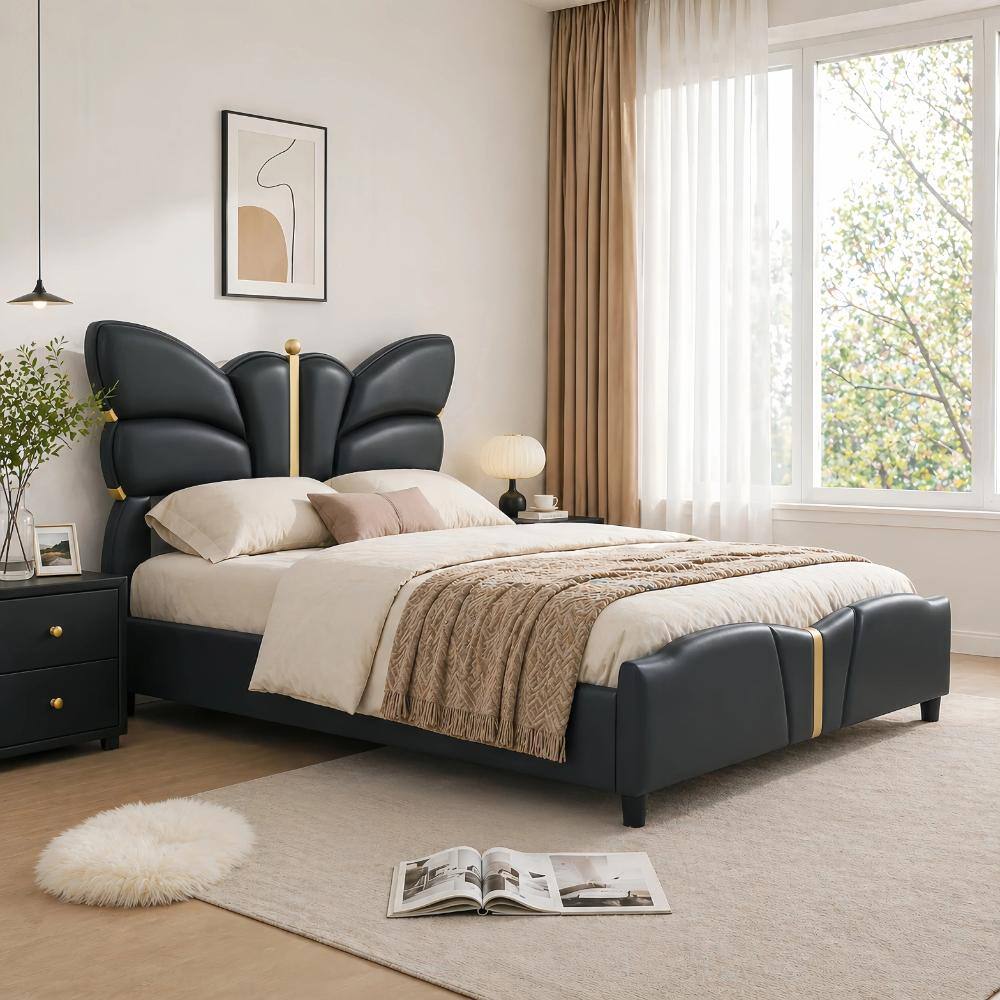 Black Upholstered Wood Frame Full Size Platform Bed with Butterfly Shaped Headboard and Footboard