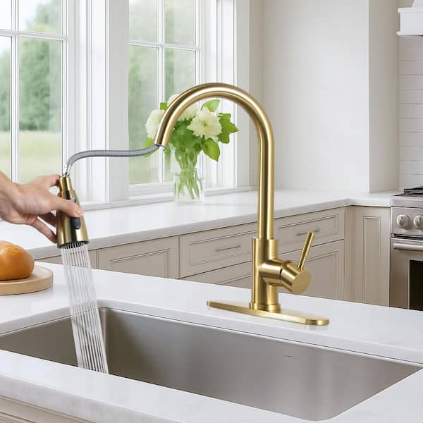 15.3 in. 3-Mode Single Handle Stainless Steel Pull Down Sprayer Kitchen Faucet with Deck Plate in Brushed Gold