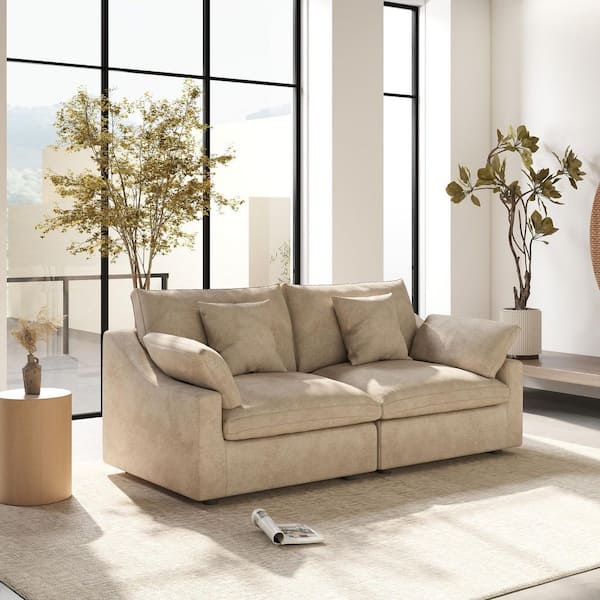 Oversized 83 in. Linen 2-Seater Loveseat Pine Wood Down Filled Cloud Couch with Washable Covers in Khaki for Apartment