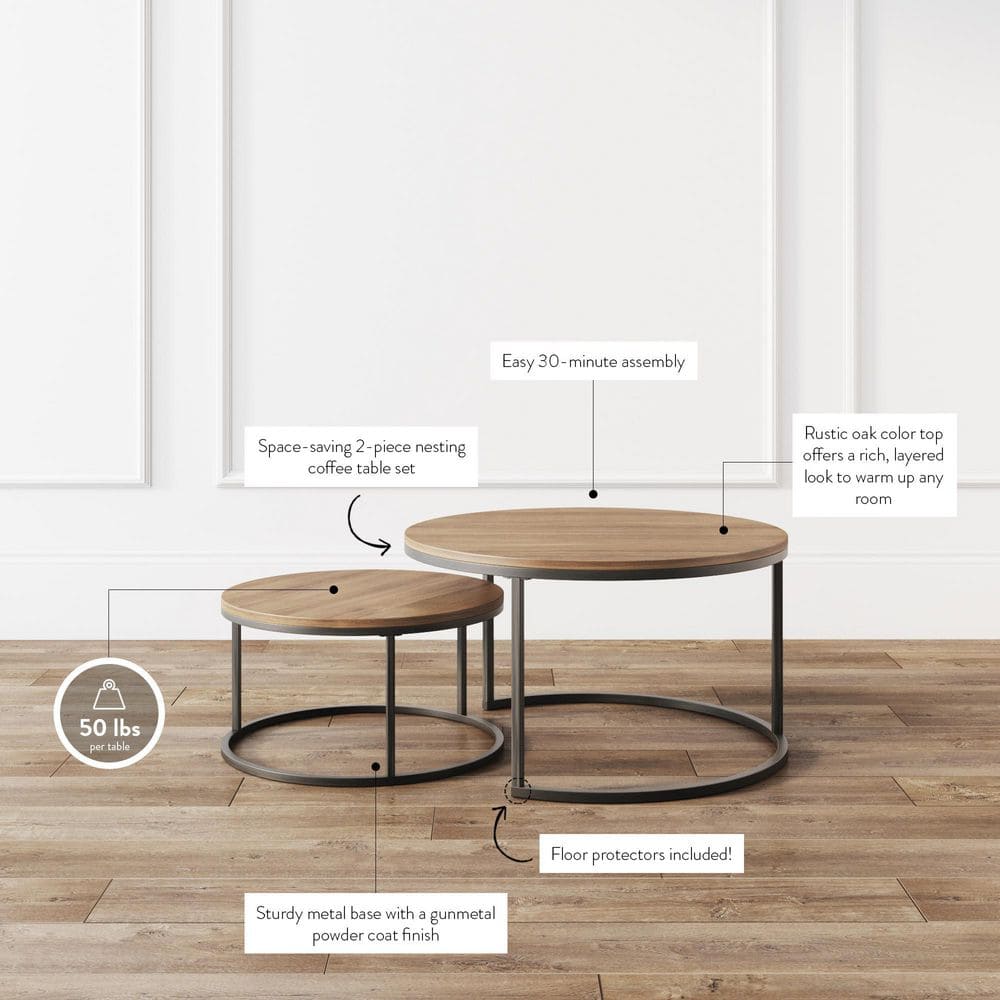 Stella Reclaimed Oak Round Nesting Coffee Table Set with Metal Base
