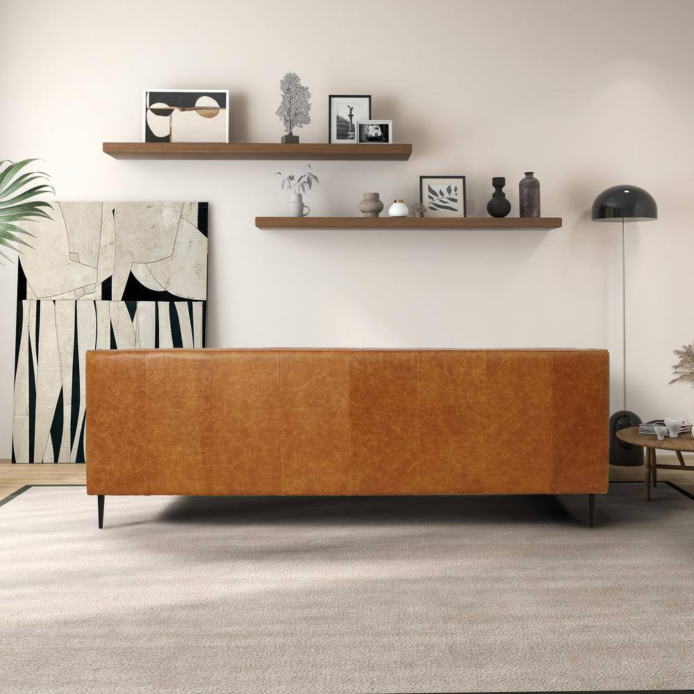 Cognac Tan Tufted Leather Mid-Century Modern Sofa