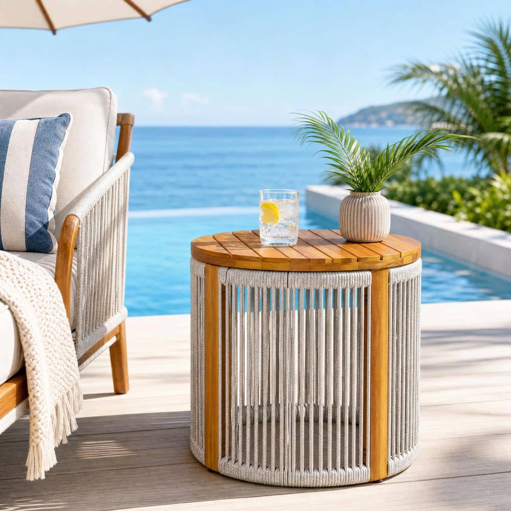 Yumi Light Grey and Teak Finish Round Acacia Wood Patio Outdoor Side Table with Handwoven Rope Base