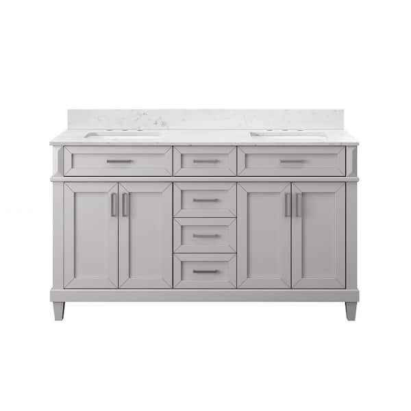 Talmore 60 in. Double Sink Sky Grey Bath Vanity with White Engineered Carrara Marble Top (Assembled)