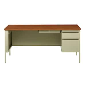 30 in. D x 66 in. W Putty/Oak Right-Hand Single Pedestal File Office Desk with Center Drawer