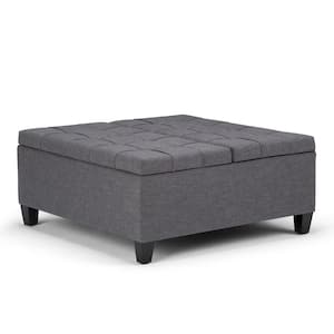 Harrison 36 in. Wide Transitional Square Coffee Table Storage Ottoman in Slate Grey Linen Look Fabric