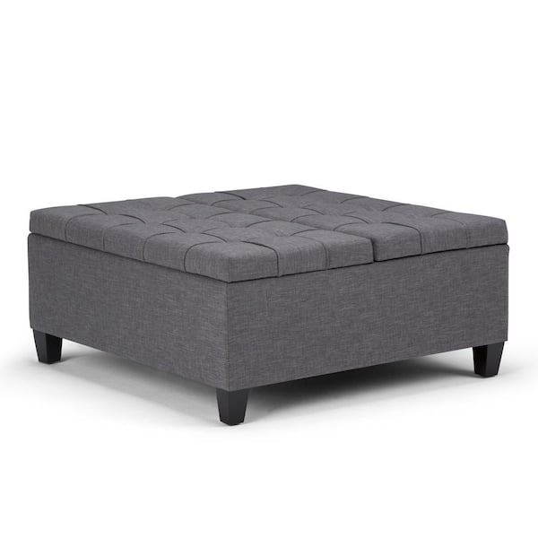 Simpli Home Harrison 36 in. Wide Transitional Square Coffee Table Storage Ottoman in Slate Grey Linen Look Fabric