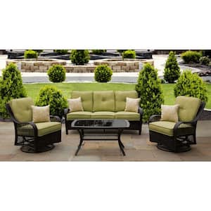 Orleans 4-Piece Steel Patio Seating Set with Avocado Green Cushions and 4 Pillows and Glass Top Rectangular Coffee Table