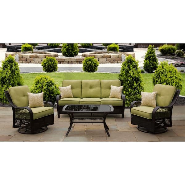 Hanover Orleans 4-Piece Steel Patio Seating Set with Avocado Green Cushions and 4 Pillows and Glass Top Rectangular Coffee Table