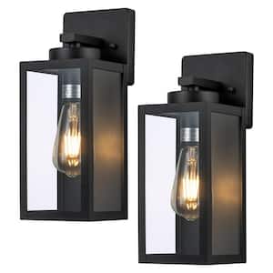 1-Light Matte Black Hardwired Outdoor Wall Lantern Sconce with Clear Tempered Glass (2-Pack)