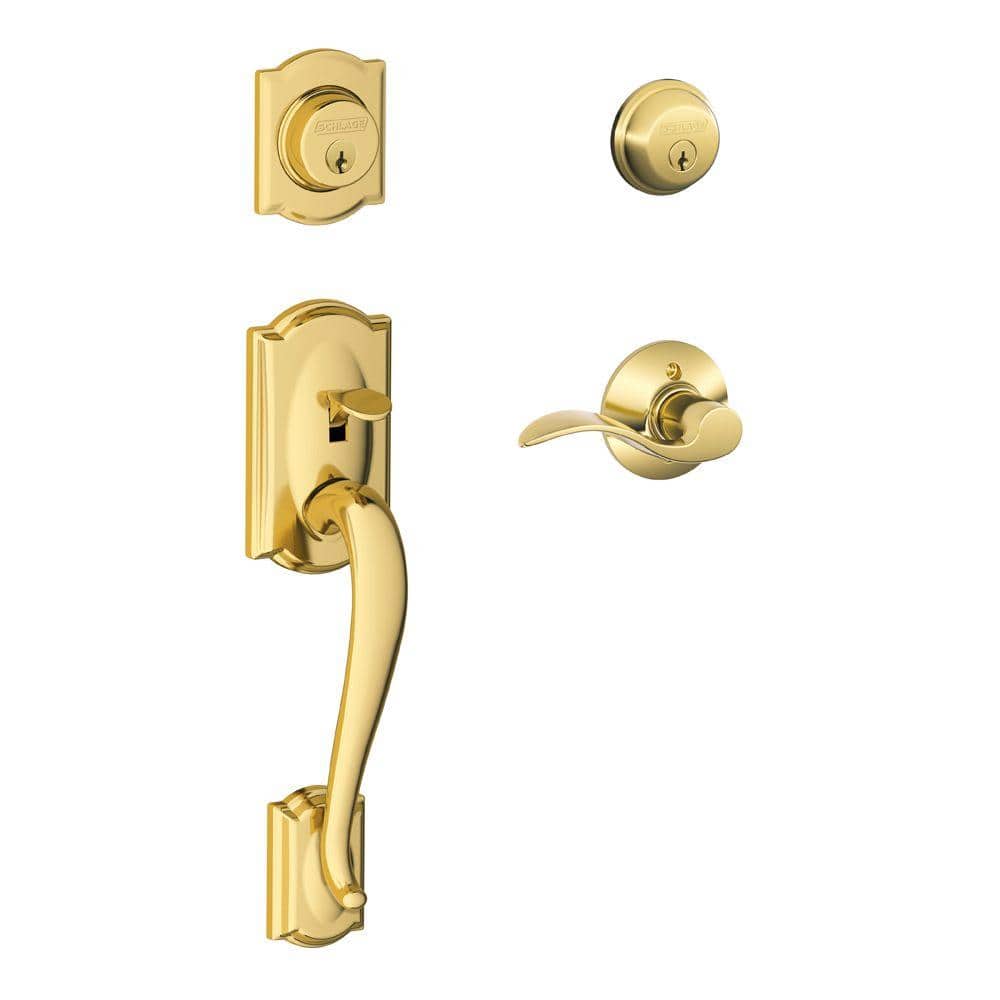 Schlage Camelot Bright Brass Double Cylinder Deadbolt with Right Handed  Accent Handle Door Handleset F62 CAM 505 ACC RH