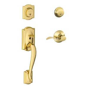 Camelot Bright Brass Double Cylinder Deadbolt with Right Handed Accent Handle Door Handleset