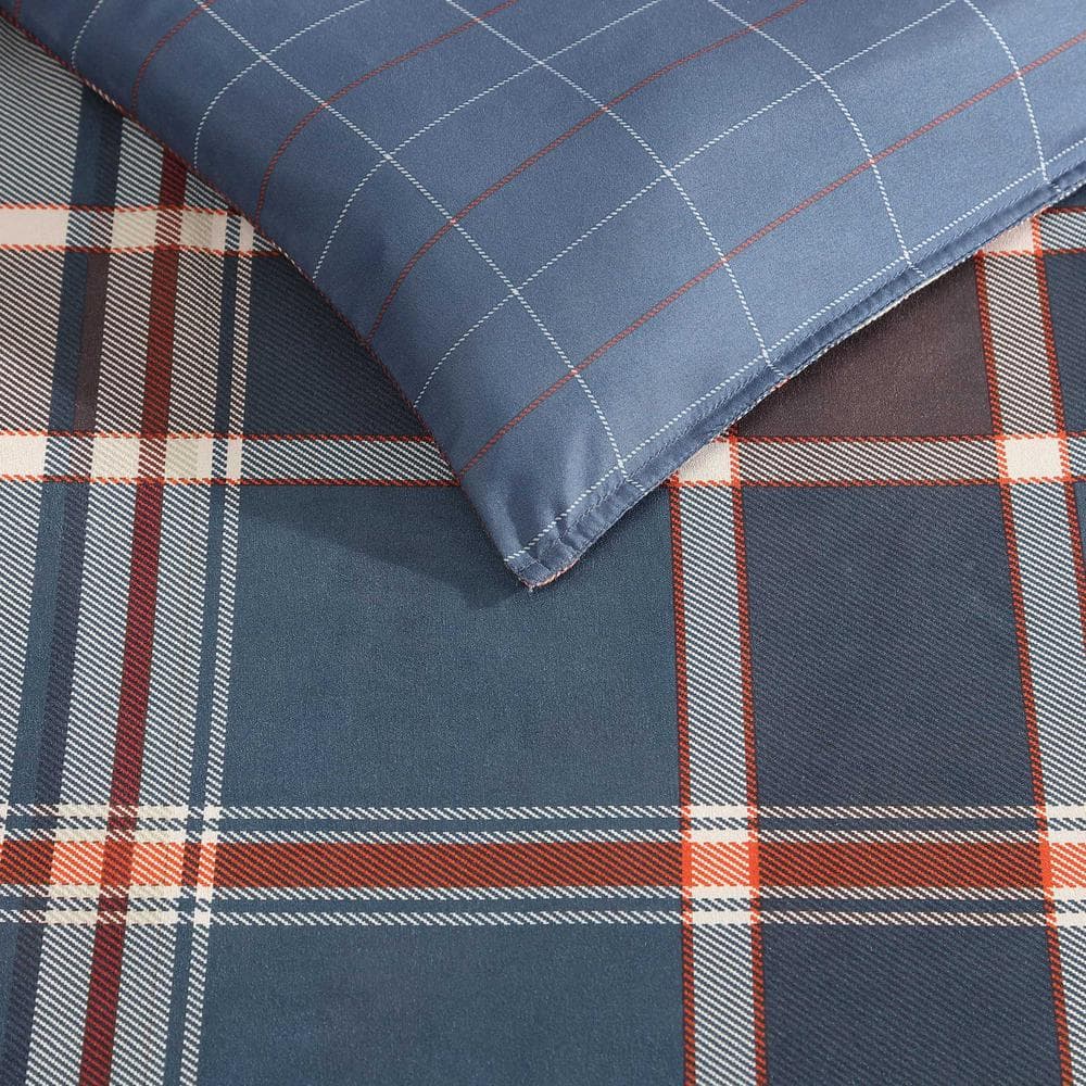 Navy Blue Plaid Microfiber Full/Queen Duvet Cover Set