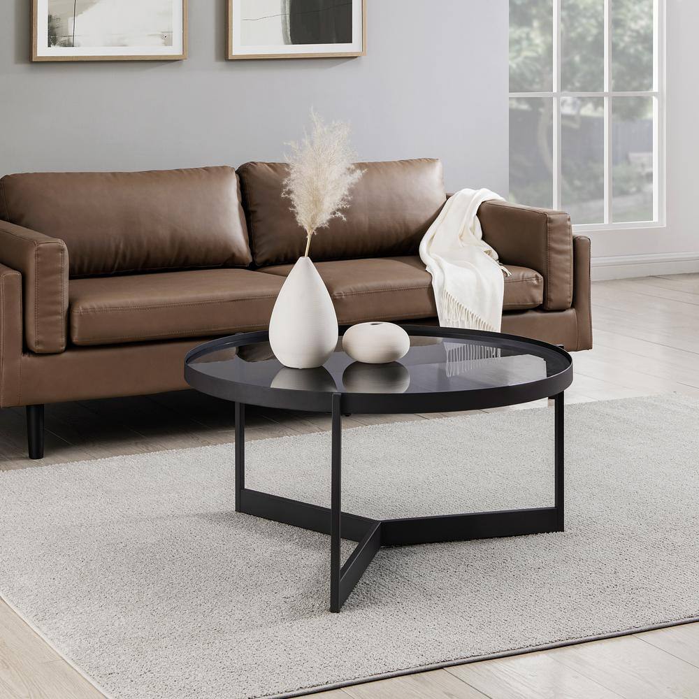 33 in. Smoked Glass/Black Metal Minimalist Round Tray-Top Coffee Table price history on PriceWatchPro