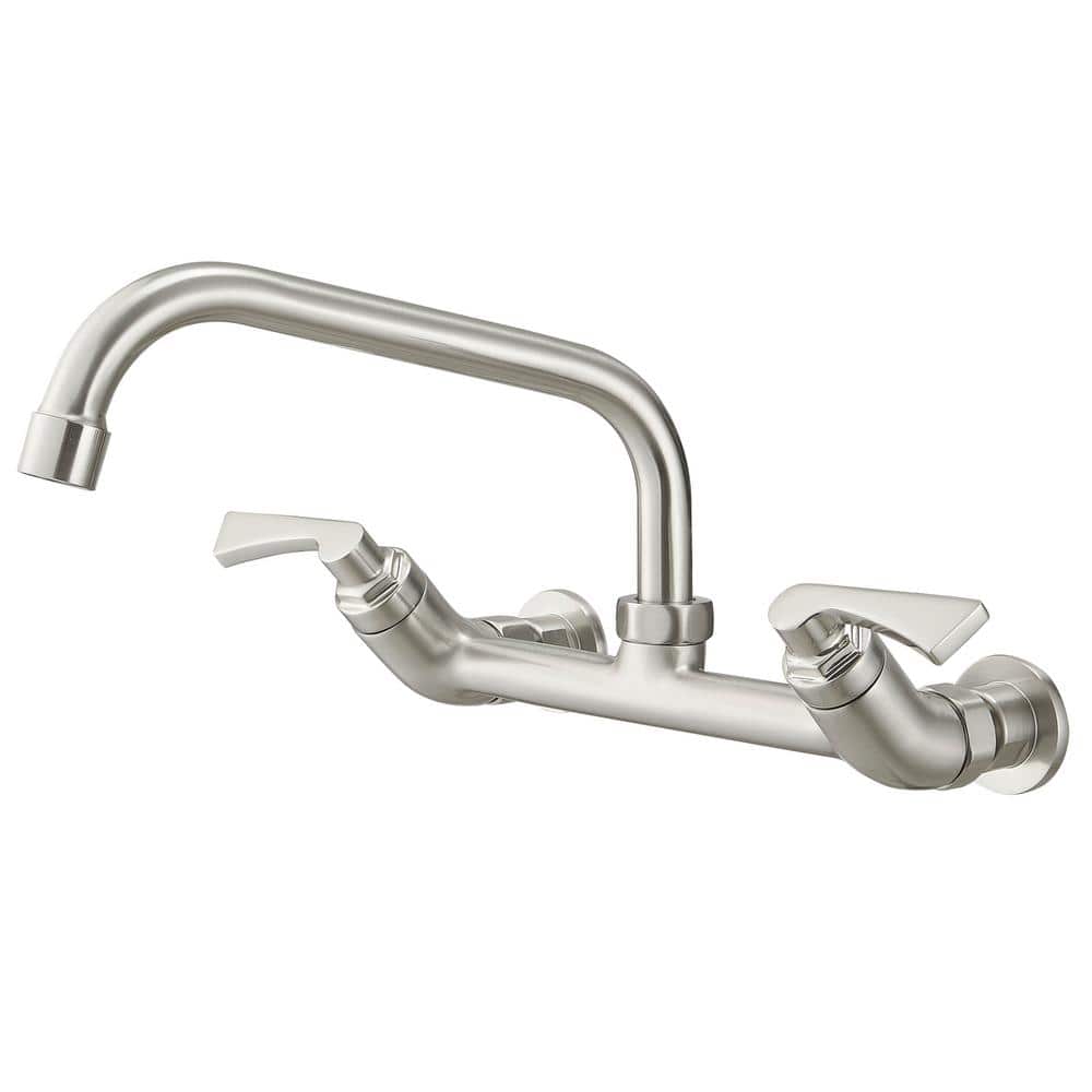 Brushed Nickel Wall Mount Double Handle Kitchen Faucet