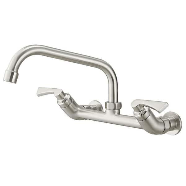 Double Handle Wall Mount Utility Faucet with 8 in. Swivel Spout Standard Kitchen Faucet in Brushed Nickel