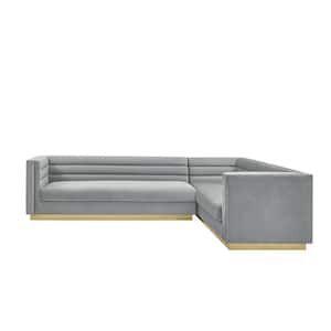 Annemarie 85in Width Square Arm Style Upholstered Velvet Tufted L Shaped Sofa in Gray