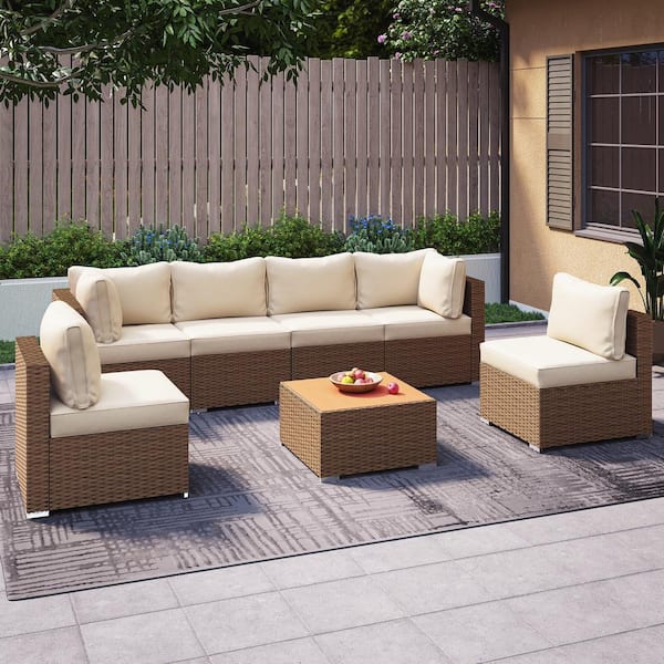 LAUSAINT HOME 7-Piece Wicker Outdoor Sectional Set with Beige Cushions
