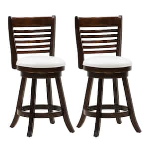 24 in. Counter Height Wood Swivel Bar Stools with White Leatherette Seat and 6-Slat Backrest (Set of 2)