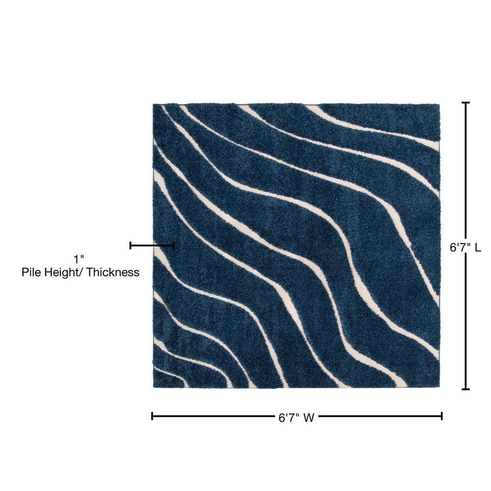 Dark Blue and Cream Square Shag Area Rug