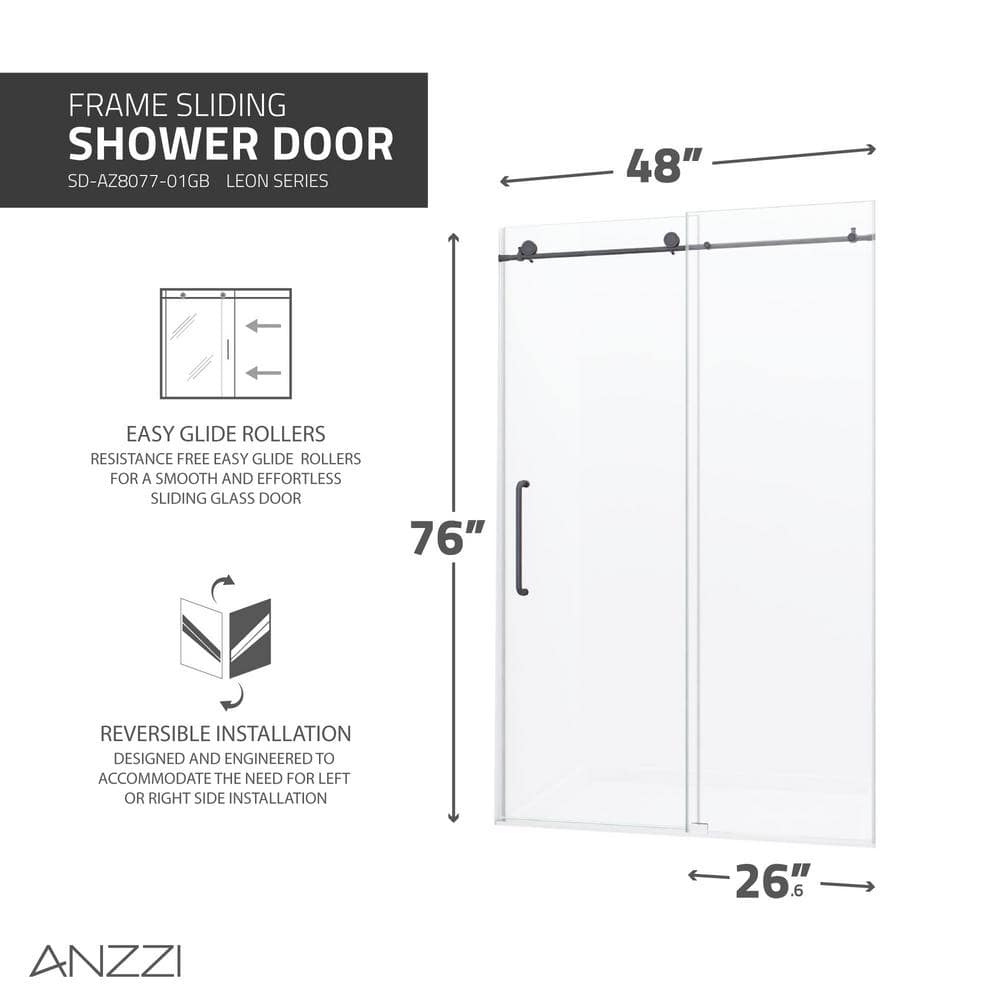 Gunmetal Frameless Sliding Shower Door with Handle, 48" x 76"