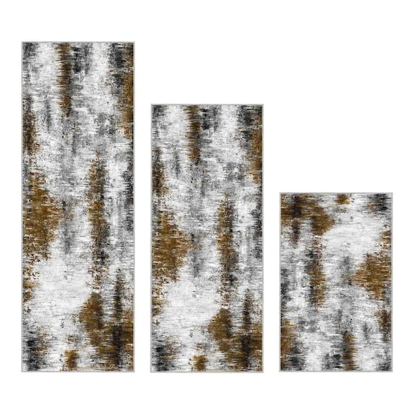 Grey Brown 59 in. x 20 in. Indoor Non Slip Washable Kitchen Rugs and Mats Set of 3