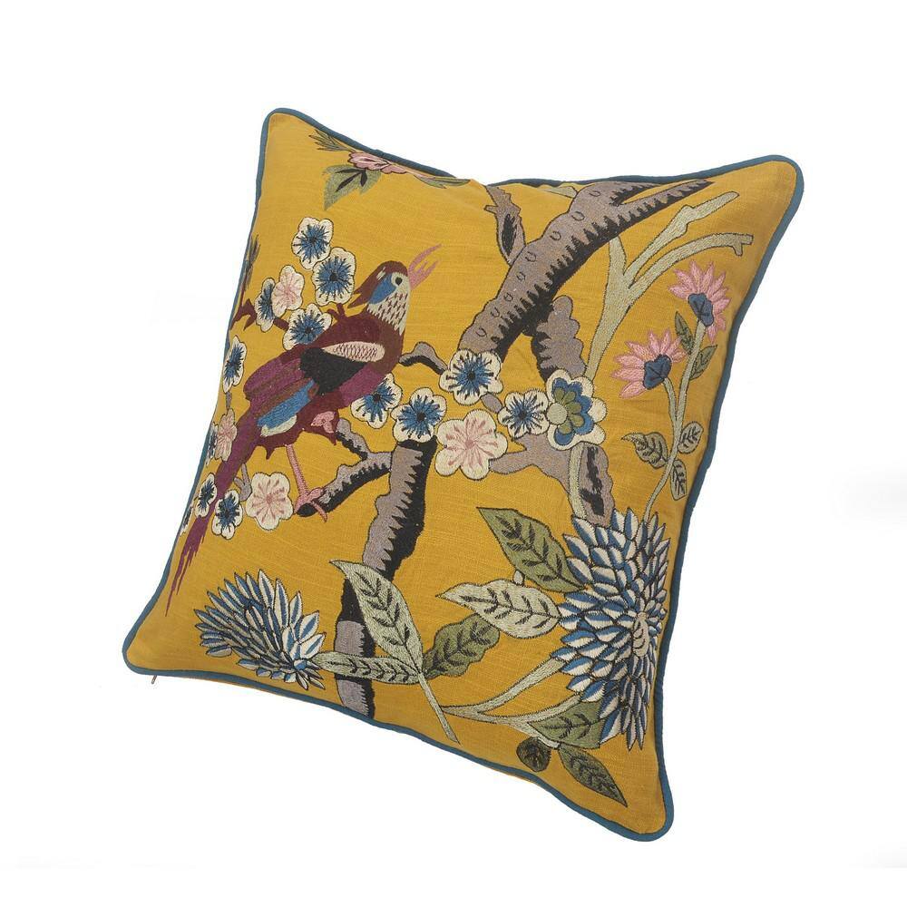 Yellow Cotton Bird of Paradise Embroidered Throw Pillow