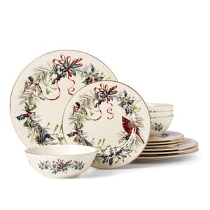 Winter Greetings 12-Piece Ivory Multi-Colored Porcelain Dinnerware Sets (Service for 4)