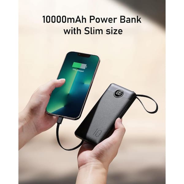 Lukyamzn 10000 mAh Slim Portable Power Bank in Black with Built-In